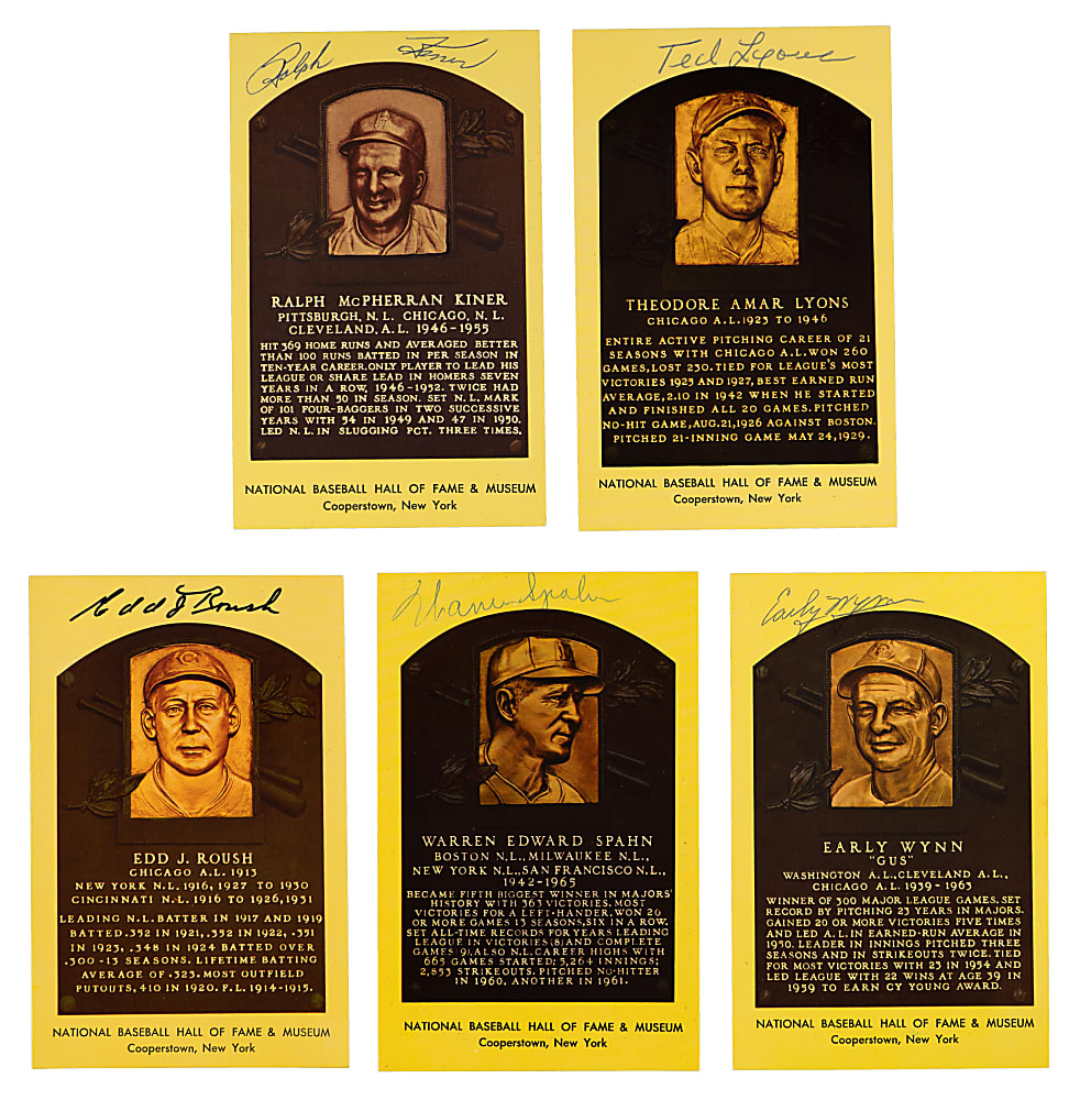 Signed Yellow Hall of Fame Plaque Postcards (19) with Hank Greenberg & Satchel Paige