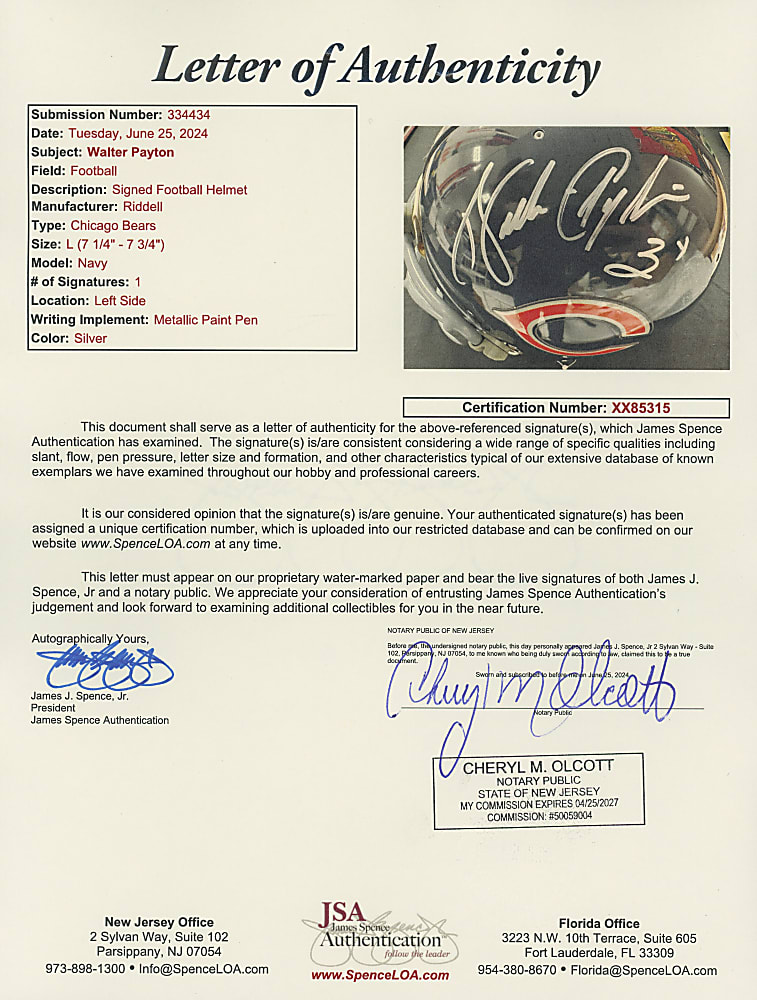 Walter Payton Signed Chicago Bears Full-Size Authentic VSR-1 Helmet with Customizations - Full JSA LOA