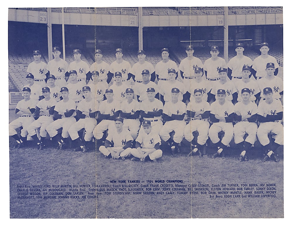 1956 New York Yankees World Champions Tri-Fold Team Photo with Team Facsimile Autograph Sheet Reverse
