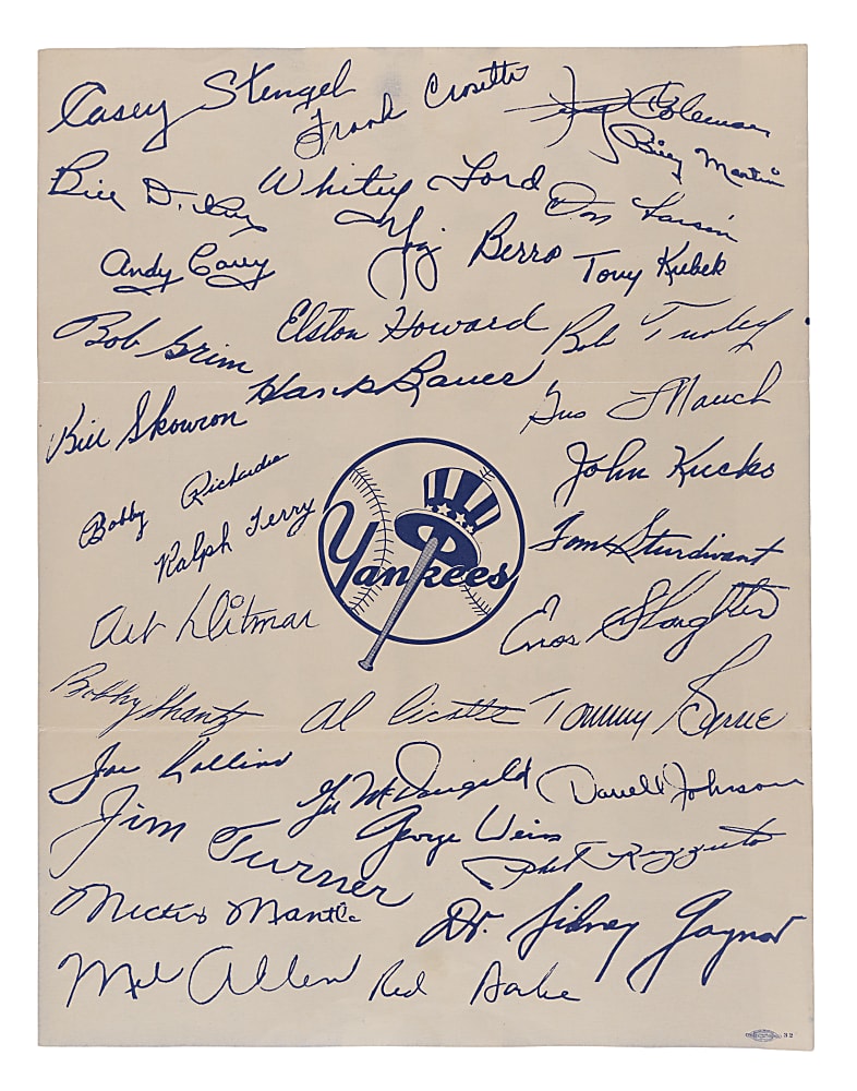 1956 New York Yankees World Champions Tri-Fold Team Photo with Team Facsimile Autograph Sheet Reverse