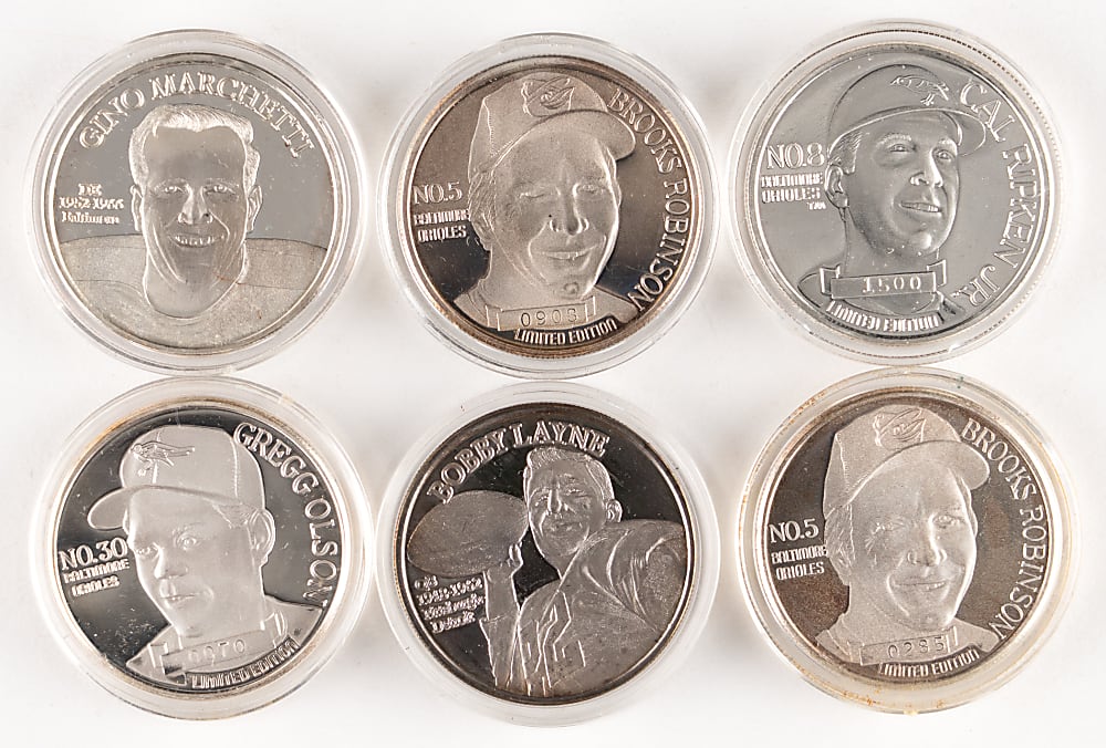 1989-1992 Baseball/Football 1 Ounce Pure Silver Coins (6) with (2) Brooks Robinson & Cal Ripken Jr.
