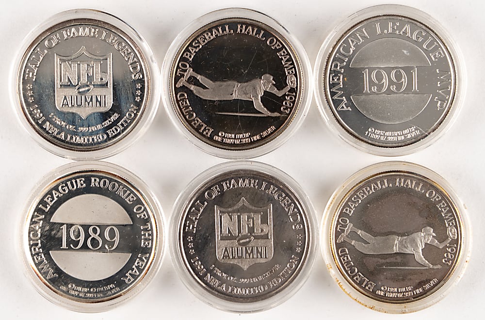 1989-1992 Baseball/Football 1 Ounce Pure Silver Coins (6) with (2) Brooks Robinson & Cal Ripken Jr.