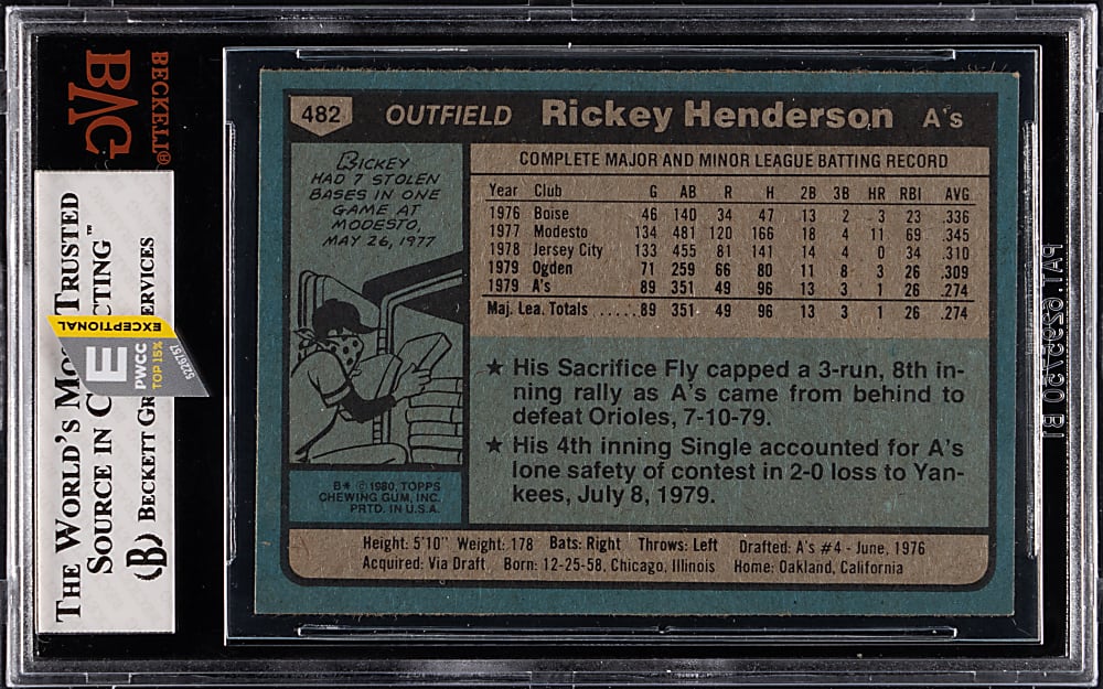 1980 Topps #482 Rickey Henderson Rookie BVG NM-MT 8