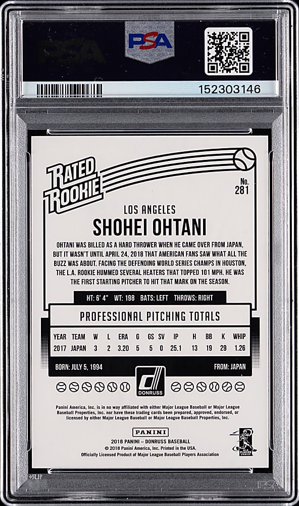 2018 Panini Donruss #281 Shohei Ohtani Rated Rookie Wrapper Redemption PSA NM-MT 8