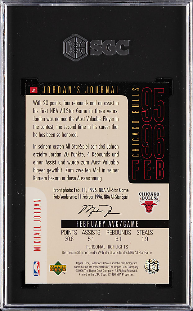 1996 UD Collectors Choice Basketball #J4 Michael Jordan's Journal German SGC NM/MT+ 8.5