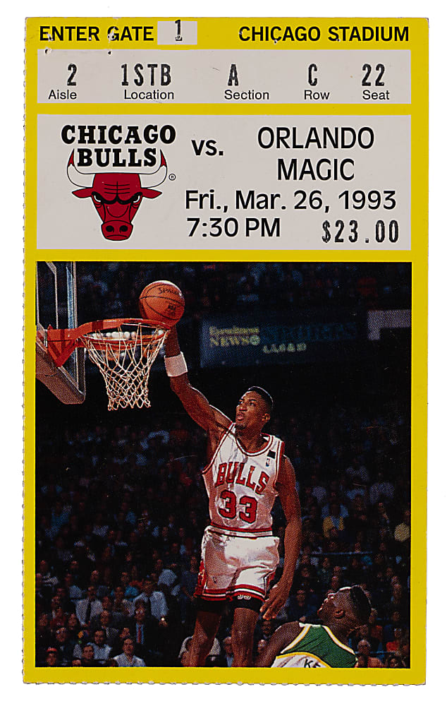 1993 Orlando Magic at Chicago Bulls Shaquille O'Neal Rookie Year vs. Michael Jordan Ticket Stub