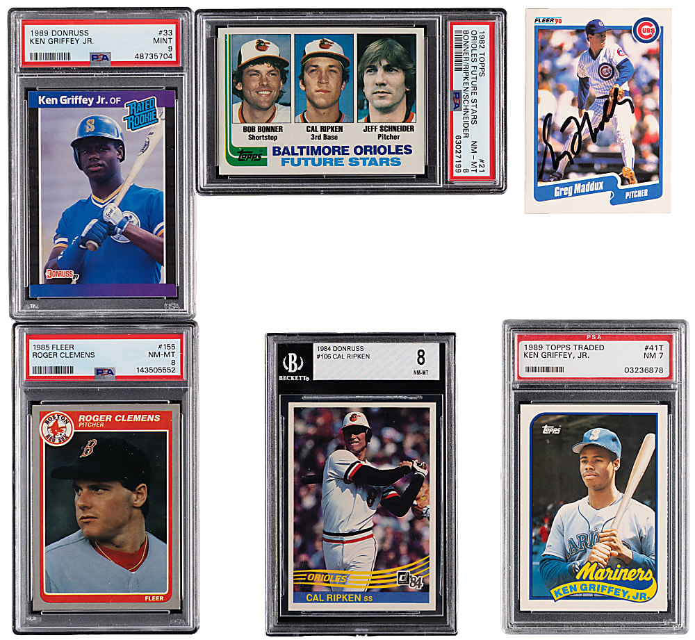 1982-1990 Superstar Collection (6) with (5) Graded, (3) Hall of Fame Rookies & 1990 Fleer Greg Maddux Signed