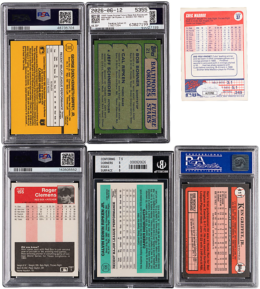1982-1990 Superstar Collection (6) with (5) Graded, (3) Hall of Fame Rookies & 1990 Fleer Greg Maddux Signed