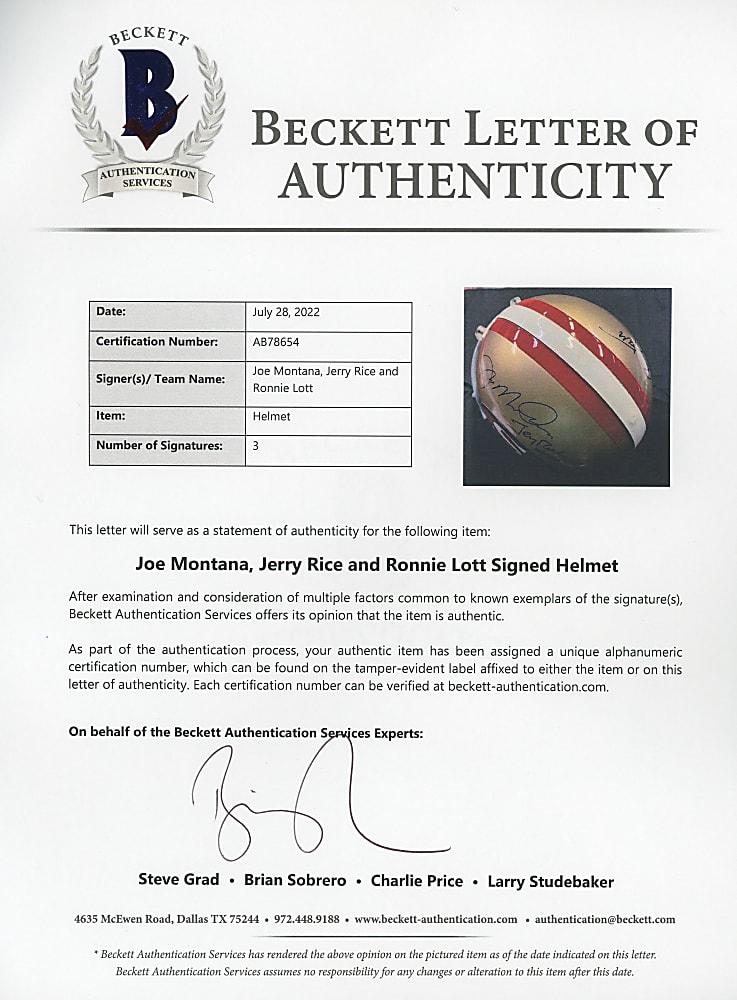 Joe Montana, Jerry Rice & Ronnie Lott Triple-Signed Full-Size San Francisco 49ers VSR-4 Authentic Helmet - Beckett LOA