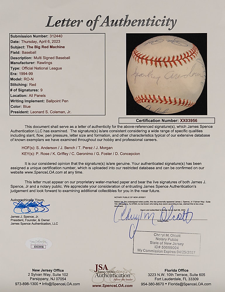 Big Red Machine Starting Lineup Signed ONL/Coleman Baseball with Rose, Bench & Morgan -Full JSA LOA