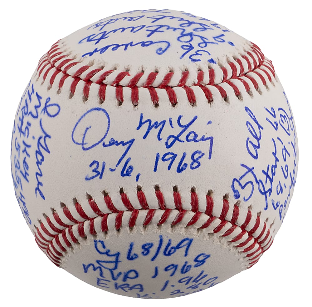 Denny McLain Signed Baseball with Extensive Career Highlight Inscriptions Including Mantle and Rose References - JSA COA