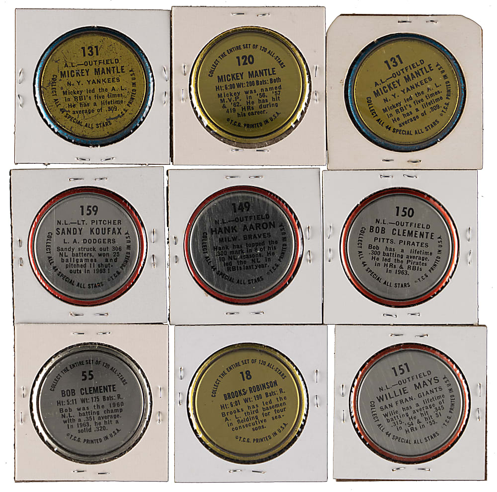 1964 Topps Coins Collection (56) with (21) Hall of Famers including (3) Mantle, (2) Clemente, Aaron, Koufax & Mays