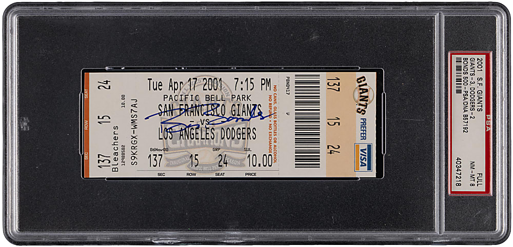 April 17, 2001 Barry Bonds Signed 500th Home Run Milestone Full Ticket PSA NM-MT 8