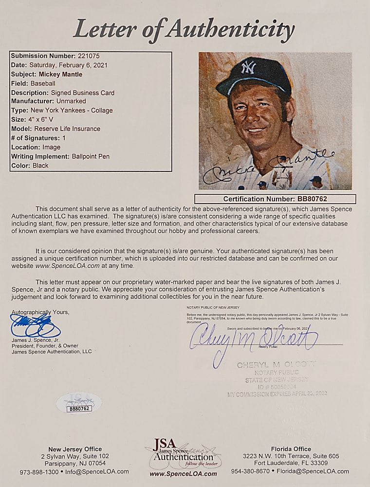 Mickey Mantle Signed Insurance Advertisement Plus Mantle's Restaurant Menu - Full JSA