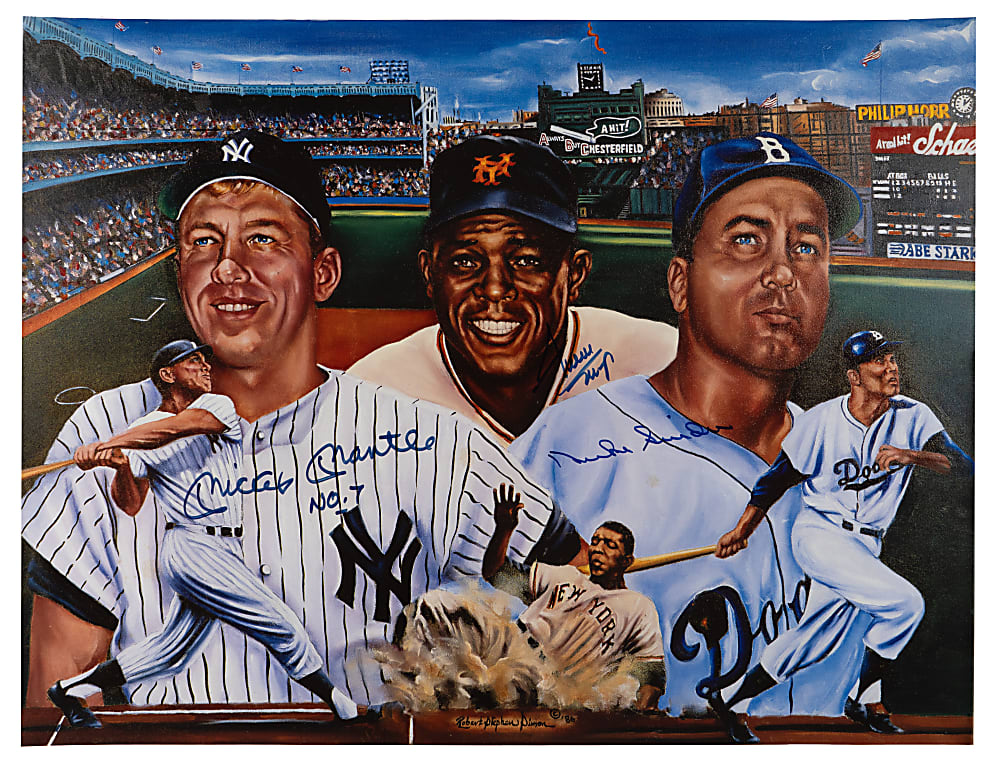 "Willie, Mickey & The Duke" Multi-Signed Robert Simon Poster with Mantle "No. 7" Inscription