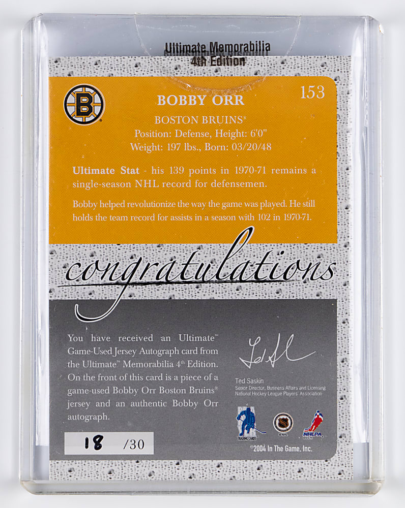2003-2004 Be a Player Ultimate Memorabilia Hockey #153 Bobby Orr Ultimate Signed & Game-Used Jersey #/30