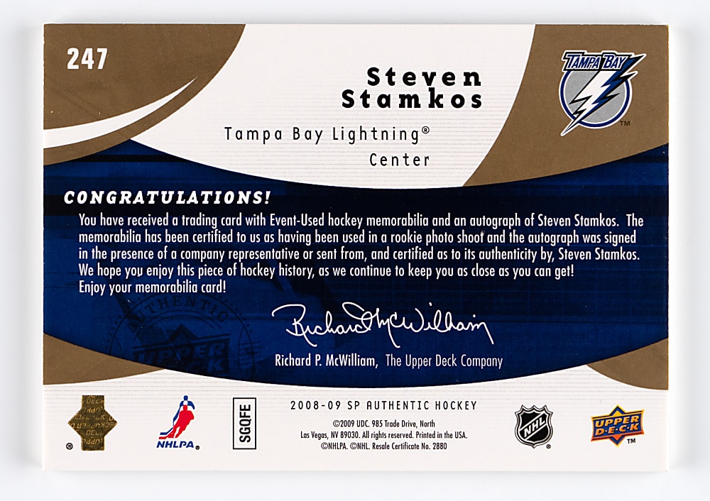 2008-2009 SP Authentic Hockey Future Watch #247 Steven Stamkos Autograph Patch Rookie #/100