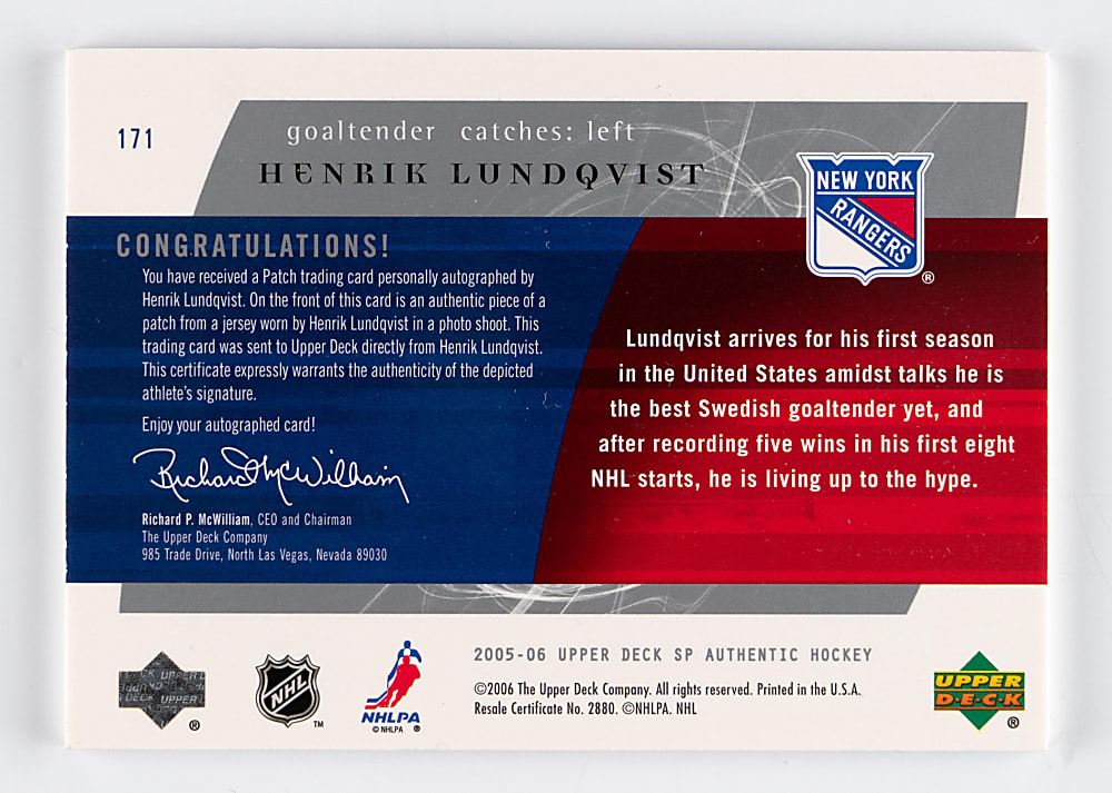 2005-2006 SP Authentic Hockey Future Watch #171 Henrik Lundqvist Autograph Patch Rookie #/100