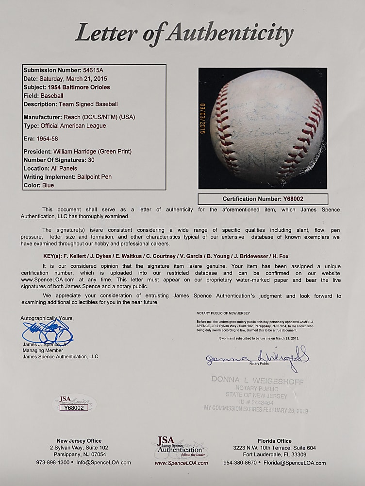 1954 Baltimore Orioles Inaugural Season Team-Signed Baseball with (30) Signatures Including Waitkus, Fox, Courtney, Dykes & Larsen - JSA LOA
