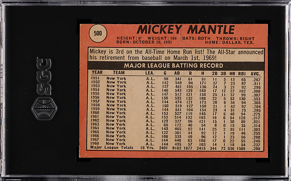 1969 Topps #500 Mickey Mantle SGC GOOD 2
