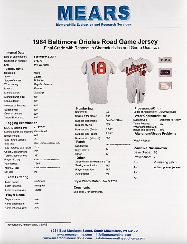 1964 Frank Bertaina/Wes Stock Baltimore Orioles Game-Used Road Jersey with MEARS A7 LOA