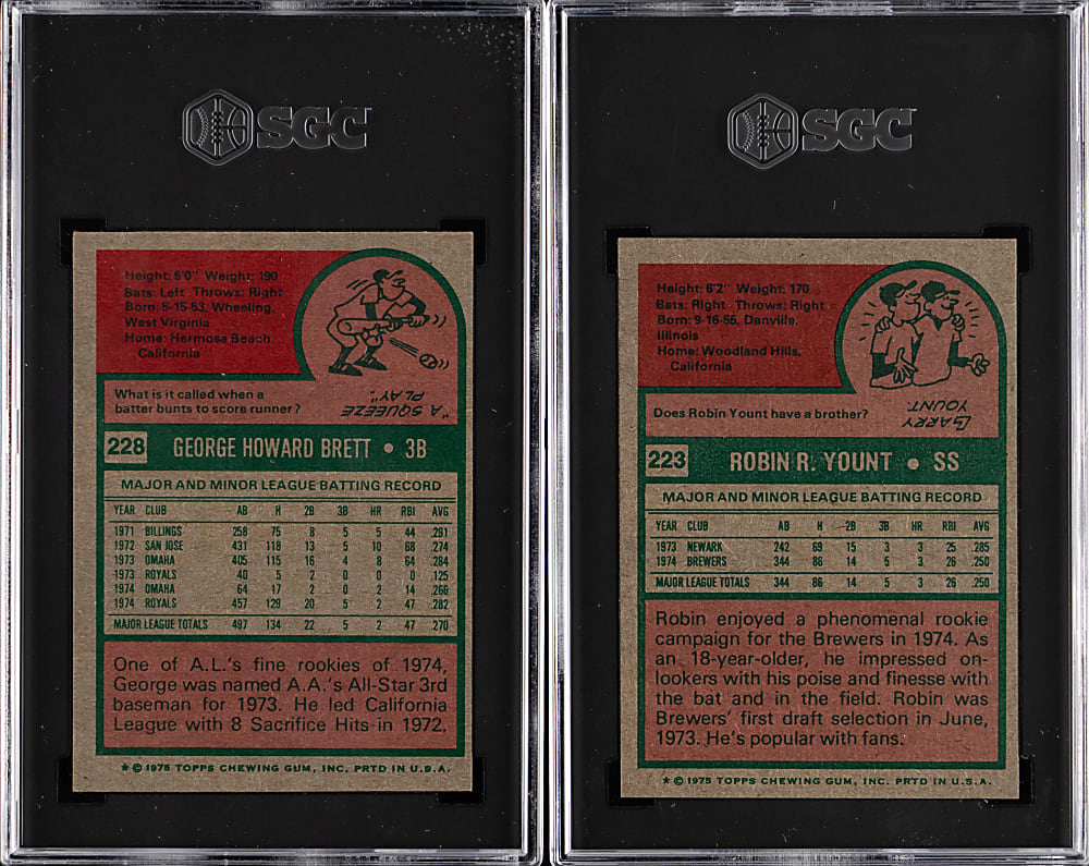1975 Topps #223 Robin Yount & #228 George Brett SGC Graded Rookie Pair