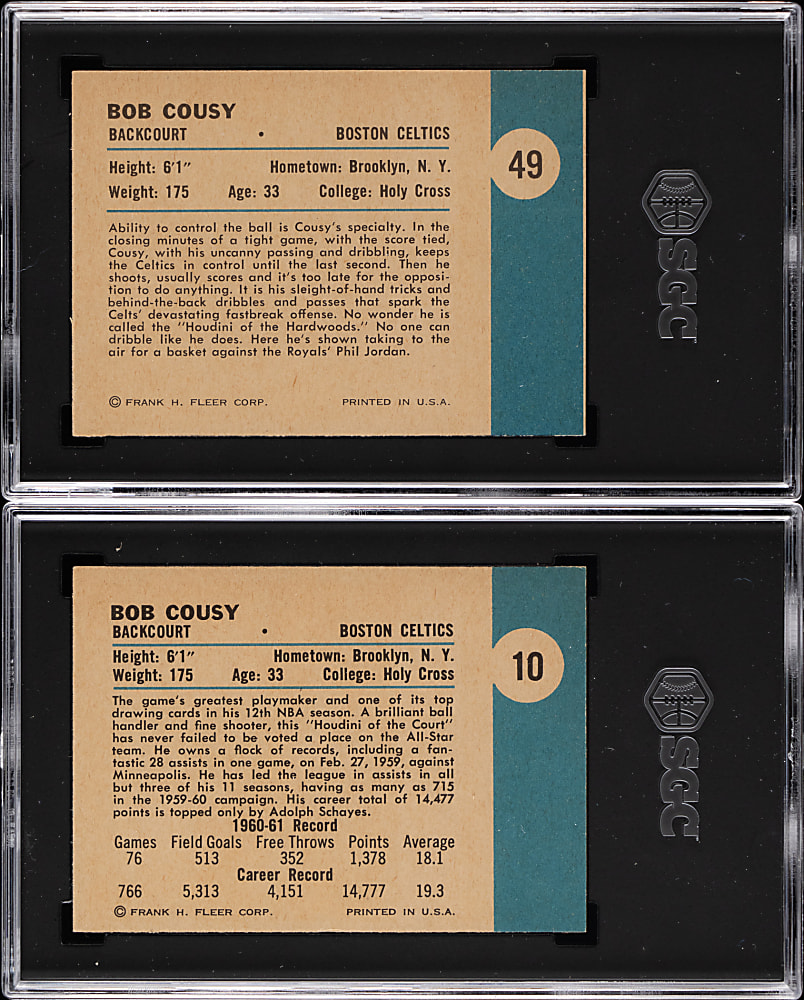 1961-1962 Fleer Basketball Bob Cousy SGC Graded Pair