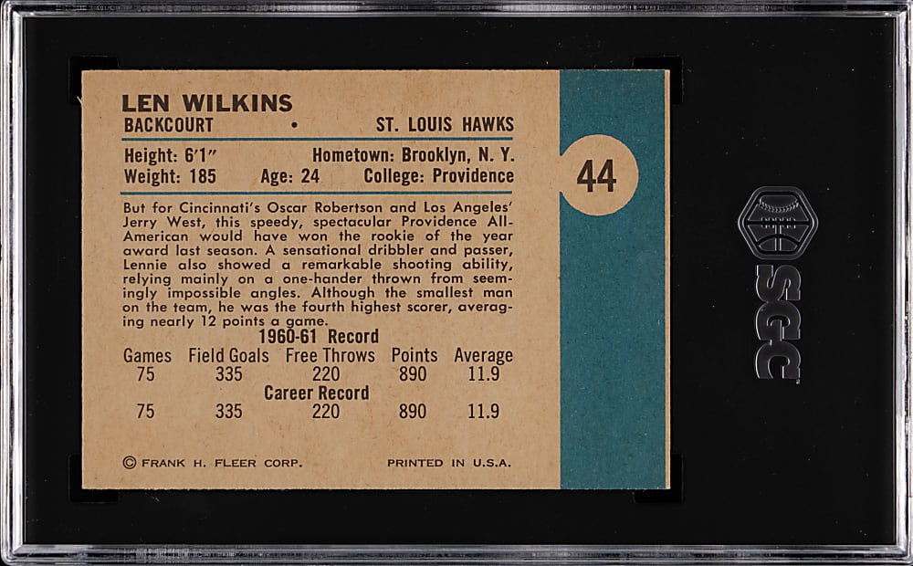 1961-1962 Fleer Basketball #44 Len Wilkins Rookie SGC NM 7