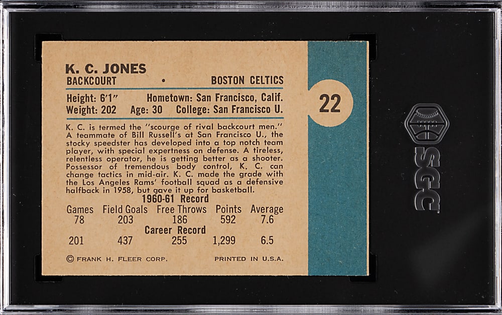 1961-1962 Fleer Basketball #22 K.C. Jones Rookie SGC NM+ 7.5