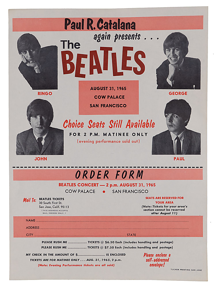 1965 The Beatles Cow Palace, San Francisco Concert Order Form - Final Concert from 1965 United States Tour