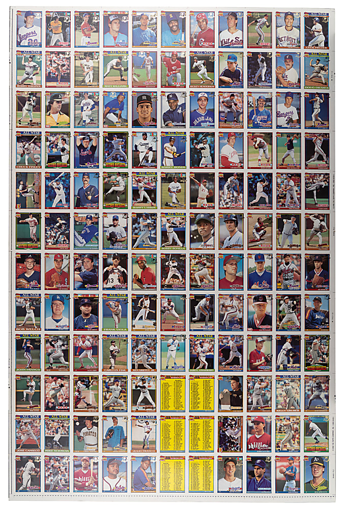 1991 Topps Desert Shield Uncut Sheet with Bonds, Griffey All-Star, B. Jackson and C. Jones Rookie