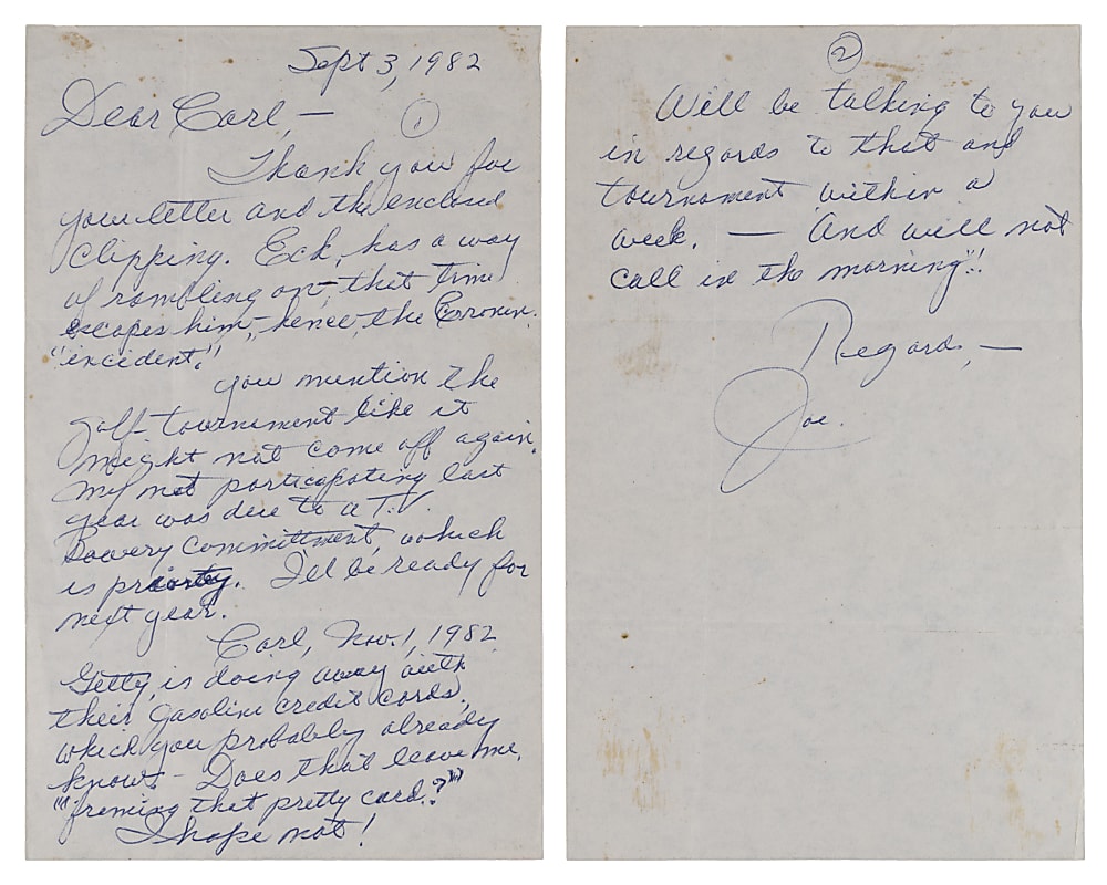 1982 Joe DiMaggio Handwritten Signed Two Page Letter with Full PSA LOA