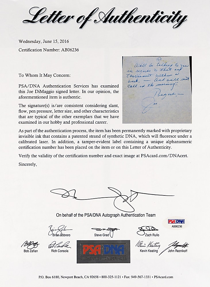 1982 Joe DiMaggio Handwritten Signed Two Page Letter with Full PSA LOA