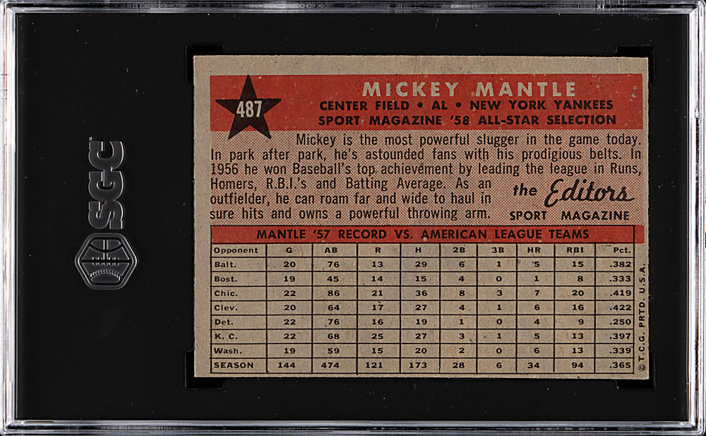 1958 Topps #487 Mickey Mantle All-Star SGC EX+ 5.5