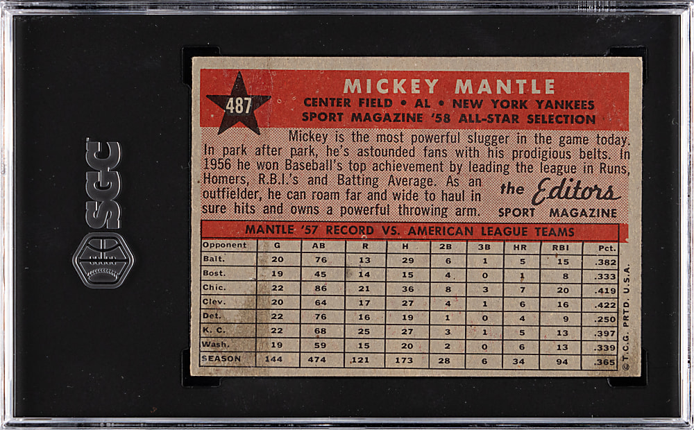 1958 Topps #487 Mickey Mantle All-Star SGC VG/EX+ 4.5