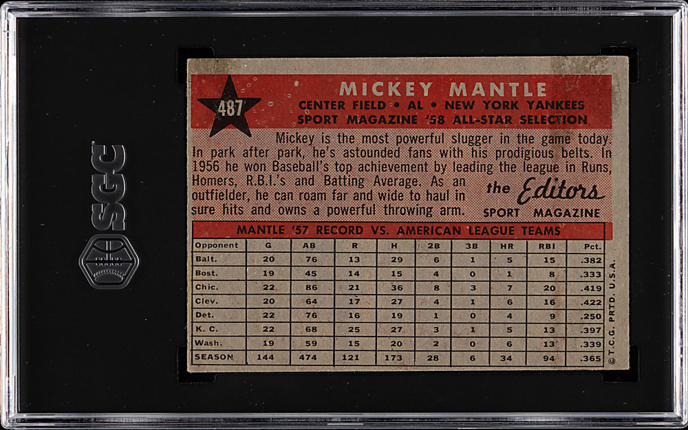 1958 Topps #487 Mickey Mantle All-Star SGC VG 3