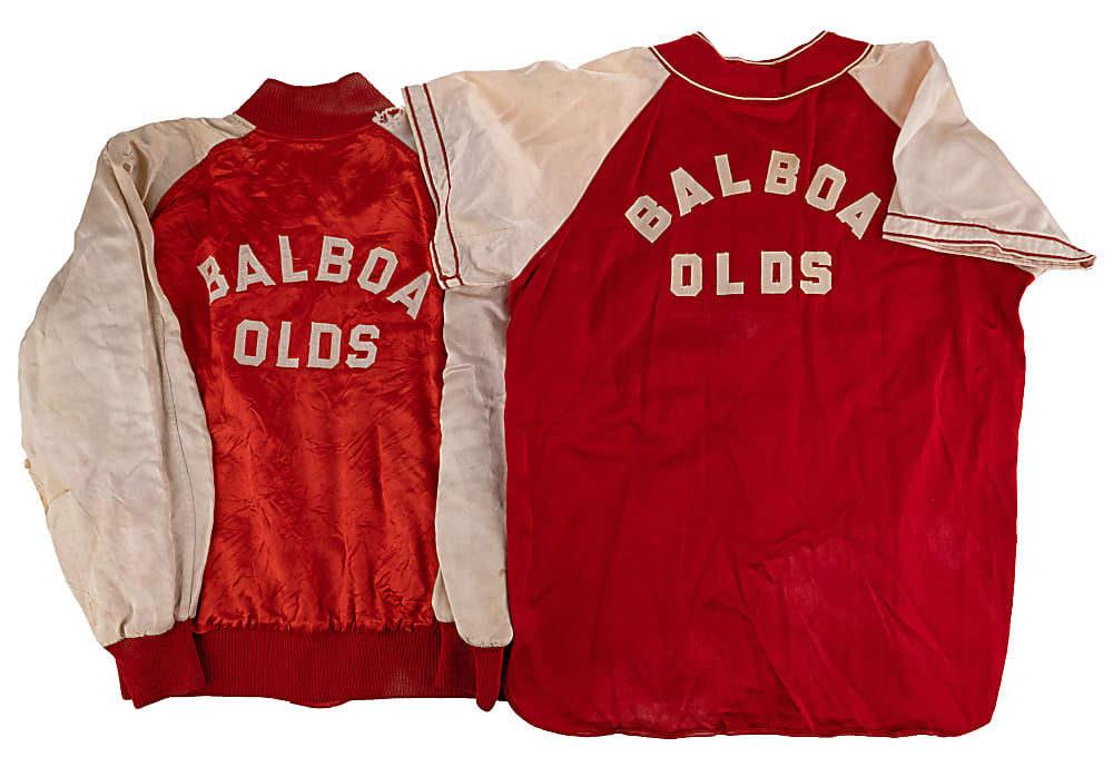 1930s-1940s Balboa Olds Industrial League Satin Baseball Uniform Jersey, Pants & Jacket Set