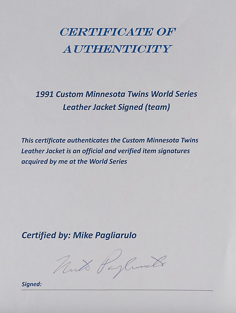 Mike Pagliarulo Personal 1991 World Champion Minnesota Twins Team-Signed Leather Jacket with (25) Signatures Including Kirby Puckett