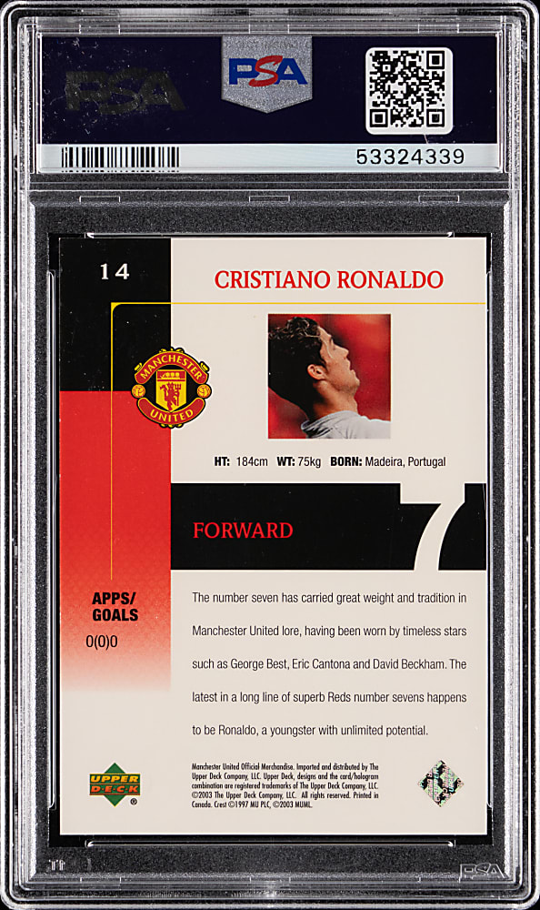 2003 Upper Deck Manchester United Soccer #14 Cristiano Ronaldo Rookie PSA MINT 9