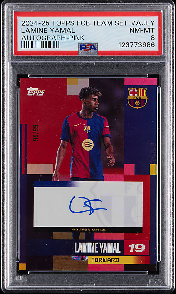 2024-2025 Topps FC Barcelona Team Set Lamine Yamal Autograph Pink #/99 PSA NM-MT 8