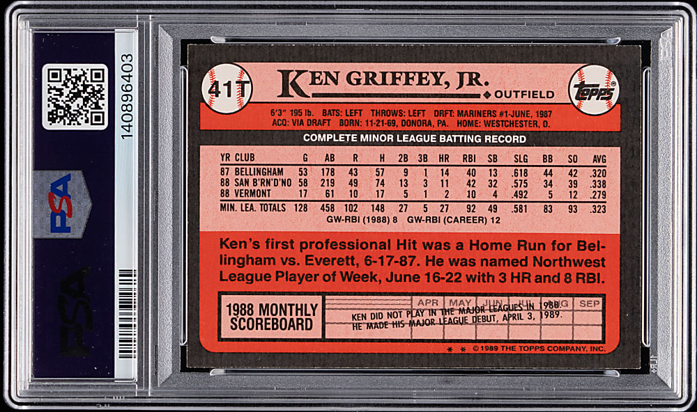 Signed 1989 Topps Traded #41T Ken Griffey Jr. Rookie- PSA/DNA Auto 10