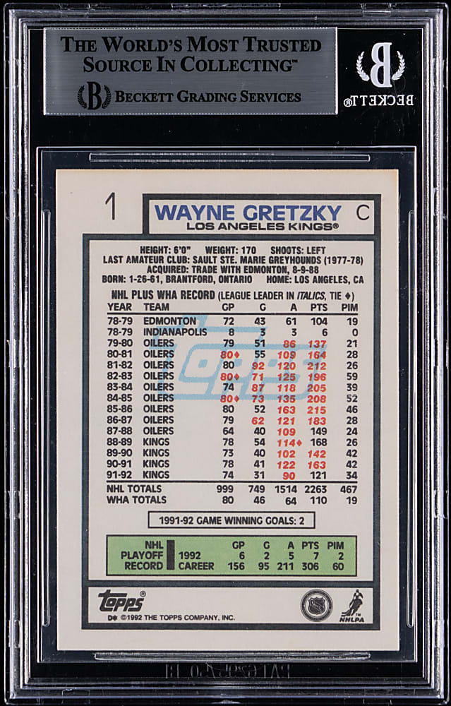 Signed 1992-1993 Topps Hockey #1 Wayne Gretzky BGS Authentic Autograph