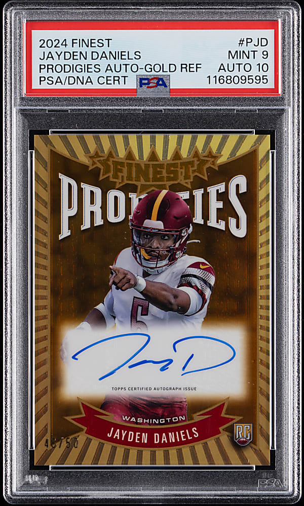 2024 Topps Finest Football Prodigies Autograph Jayden Daniels Gold Refractor #/50 PSA MINT 9 with Auto 10