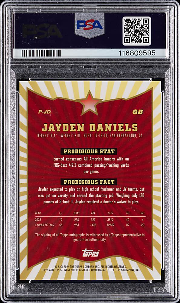 2024 Topps Finest Football Prodigies Autograph Jayden Daniels Gold Refractor #/50 PSA MINT 9 with Auto 10