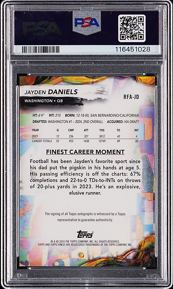 2024 Topps Finest Rookie Autographs Jayden Daniels PSA MINT 9 with Auto 10