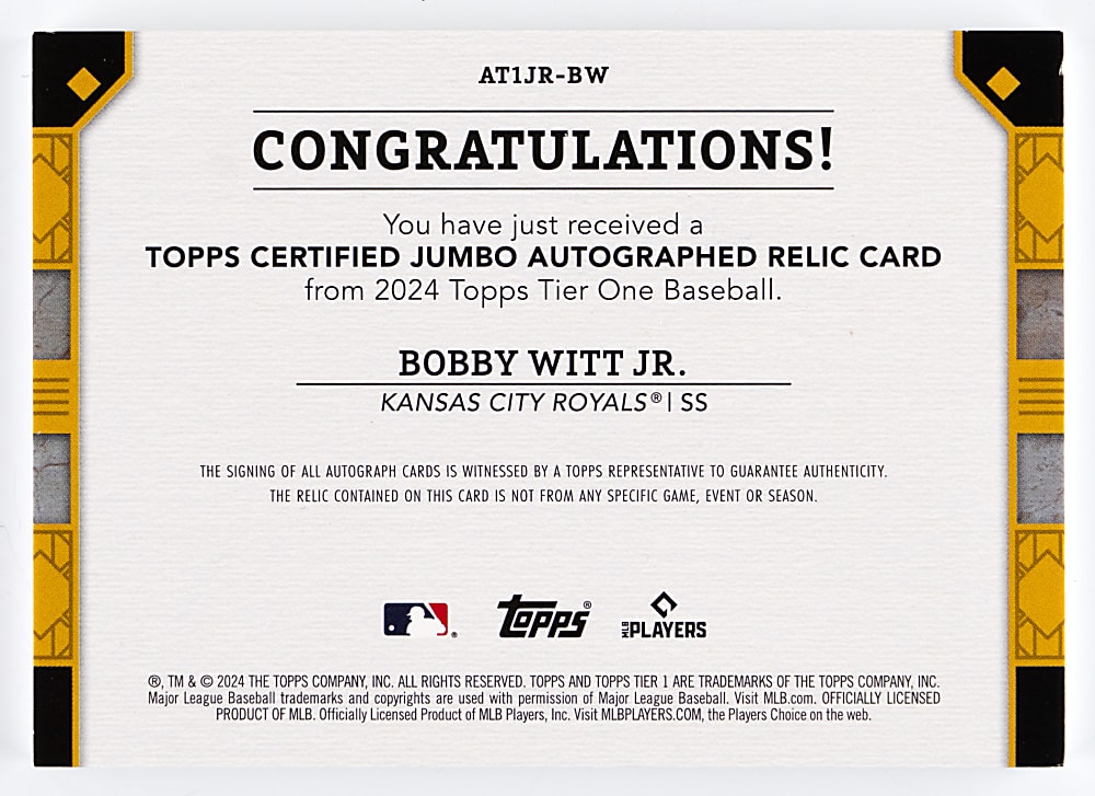 2024 Topps Tier One Jumbo Autograph Relics Bobby Witt Jr. Game-Used Button #/5