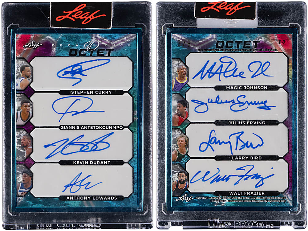 2024 Leaf Decadence Octet Autographed Curry/Antetokounmpo/Durant/A. Edwards/Bird/M. Johnson/Erving/Frazier #/6