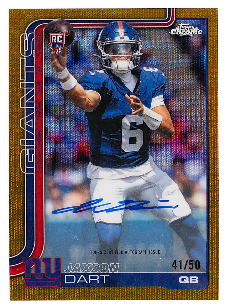 2025 Topps Chrome Football Jaxson Dart Rookie Autograph Gold Wave Variation #41/50