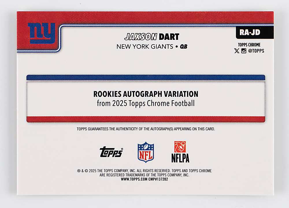 2025 Topps Chrome Football Jaxson Dart Rookie Autograph Gold Wave Variation #41/50