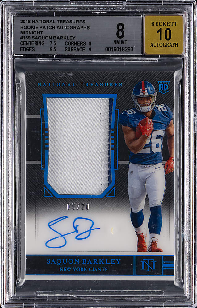 2018 National Treasures Football Rookie Patch Autographs #169 Saquon Barkley Midnight Beckett NM-MT 8 with Auto 10